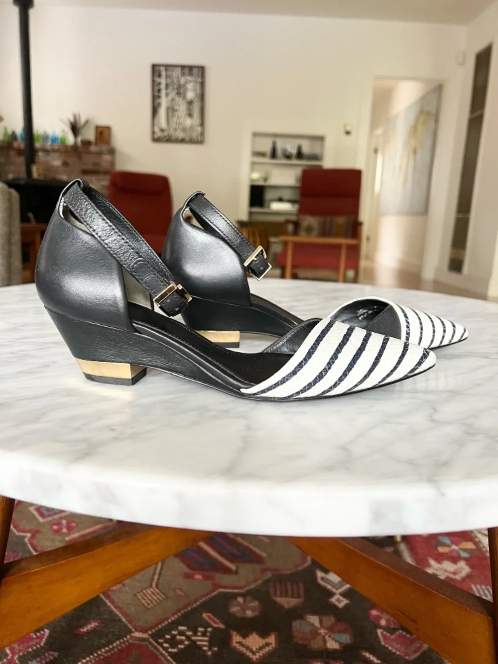 Tory Burch Navy White Striped Pointed Toe Ankle Strap Heels 6.5